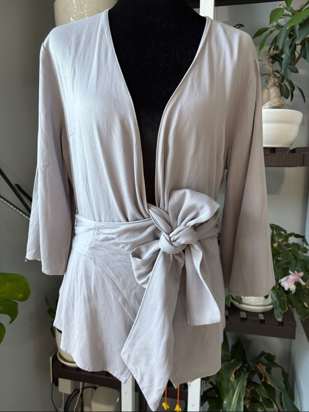 Tie-Waist Light Gray Draped Blazer Jacket